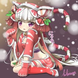 Rule 34 | 1girl, alternate color, animal hood, bell, boots, breasts, cat hood, christmas, cleavage, double bun, fang, fur trim, hair ornament, haku (p&amp;d), holly hair ornament, hood, jingle bell, knee boots, lilium0235, long hair, medium breasts, midriff, mittens, multicolored hair, navel, open mouth, paw pose, purple eyes, puzzle &amp; dragons, red hair, sitting, skirt, snowing, solo, tail, thigh strap, tiger tail, two-tone hair, very long hair, wariza, white hair