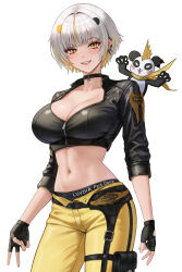 Rule 34 | 1girl, absurdres, black choker, black gloves, black jacket, black panties, blonde hair, blunt bangs, breasts, choker, cleavage, ear piercing, eruthu, fingerless gloves, gloves, highres, jacket, large breasts, looking at viewer, luvdia, mascot, midriff, multicolored hair, navel, panties, pants, park dona, piercing, pink lips, pouch, short hair, sidelocks, standing, streaked hair, thigh pouch, thigh strap, two-tone hair, underwear, v, virtual youtuber, white background, white hair, yellow eyes, yellow pants