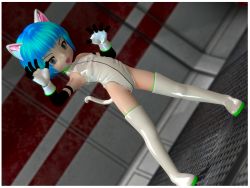 Rule 34 | 1girl, 3d, animal ears, boots, child, cosplay, fang, female focus, gloves, looking at viewer, open mouth, shiny clothes, short hair, solo, tagu-2, tail