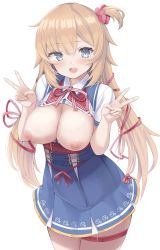 Rule 34 | 1girl, absurdres, akai haato, akai haato (1st costume), blonde hair, blue eyes, blue skirt, blush, breasts, breasts out, commentary, cowboy shot, double v, hair ornament, hair ribbon, hands up, heart, heart hair ornament, high-waist skirt, highres, hololive, large breasts, long hair, looking at viewer, nekohuman221 (tsun221), nipples, one side up, open clothes, open mouth, open shirt, red ribbon, ribbon, shirt, short sleeves, skirt, smile, solo, twintails, v, very long hair, virtual youtuber, white background, white shirt