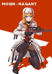 Rule 34 | 1girl, absurdres, alternate hair color, black footwear, blonde hair, blue eyes, blush, bolt action, breasts, brown shirt, brown skirt, choker, coat, collared shirt, commentary, fur collar, fur hat, fur trim, girls&#039; frontline, gloves, gun, hair ornament, hat, highres, long hair, looking at viewer, mod3 (girls&#039; frontline), mosin-nagant, mosin-nagant (girls&#039; frontline), mosin-nagant (mod3) (girls&#039; frontline), open clothes, open coat, pantyhose, red background, red neckwear, rifle, shirt, simple background, skirt, smile, solo, teruru (pixiv 6148103), thigh strap, title, ushanka, weapon, white background, white coat