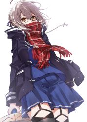 Rule 34 | 1girl, ahoge, artoria pendragon (fate), black-framed eyewear, blue ribbon, blue skirt, braid, brown eyes, coat, commentary request, covered mouth, cowboy shot, drawstring, fate/grand order, fate (series), garter straps, glasses, grey hair, hair ribbon, highres, holding, long sleeves, matsuda hikari, mysterious heroine x alter (fate), mysterious heroine x alter (first ascension) (fate), neckerchief, plaid, plaid scarf, pleated skirt, pocket, red neckerchief, red scarf, ribbon, scarf, scarf over mouth, school uniform, skirt, solo, thighhighs