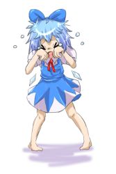 Rule 34 | &gt; &lt;, 1girl, bad id, bad pixiv id, barefoot, blue eyes, blue hair, bow, cirno, closed eyes, crying, dress, facing viewer, fairy, full body, hair bow, hands on own face, ice, l (negaeru), open mouth, short hair, simple background, solo, touhou, white background