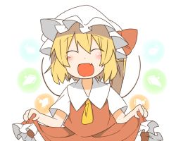 Rule 34 | 1girl, ascot, bad id, bad pixiv id, blonde hair, clothes lift, dress, eiri (eirri), embodiment of scarlet devil, closed eyes, fang, female focus, flandre scarlet, hat, open mouth, short hair, side ponytail, skirt, skirt lift, solo, touhou, upper body, wings