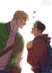 Rule 34 | 2boys, animification, artist name, backpack, bag, black hair, blonde hair, book, closed mouth, couple, cris art, earrings, eye contact, green jacket, holding, holding book, hood, hood down, hoodie, hulkling, jacket, jewelry, looking at another, male focus, marvel, multiple boys, open clothes, open jacket, pants, patreon username, red hoodie, shirt, short hair, sideburns, smile, white background, white shirt, wiccan, yaoi