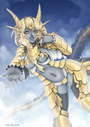 Rule 34 | 1girl, barbariank, blonde hair, blue sky, breasts, breasts apart, center opening, circlet, colored skin, dragon girl, dragon horns, dragon tail, dungeons &amp; dragons, gold dragon (d&amp;d), grey skin, highres, horns, lips, looking at viewer, navel, nose, original, outstretched hand, scales, sky, smile, solo, tail, thighhighs, twirling hair, yellow eyes
