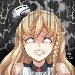 Rule 34 | 1girl, angry, black legwear, blank eyes, blonde hair, braid, clenched teeth, commentary request, french braid, hat, highres, kantai collection, long hair, mini hat, solo, teeth, thick eyebrows, tilted headwear, tk8d32, upper body, wavy hair, white hat, zara (kancolle)