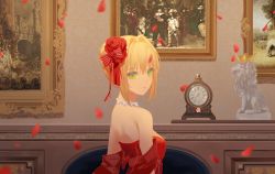 Rule 34 | 1girl, ahoge, backless outfit, blonde hair, blush, bow, breasts, choker, closed mouth, crown, drawing (object), dress, fate/extra, fate/grand order, fate (series), flower, green eyes, hair between eyes, hair bow, hair flower, hair ornament, highres, lion, looking at viewer, nero claudius (fate), nero claudius (fate) (all), nero claudius (fate/extra), painting (medium), petals, red bow, red dress, red flower, red headwear, ribbon, short hair, sleeveless, sleeveless dress, solo, tr (hareru), traditional media