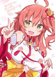 Rule 34 | 1girl, ahoge, bare shoulders, bell, breasts, cherry blossom print, cherry blossoms, dated, detached sleeves, floral print, green eyes, hair bell, hair between eyes, hair ornament, hairclip, highres, hololive, long hair, one side up, open mouth, pink hair, sakura miko, sakura miko (1st costume), shirogane (platinum), solo, upper body, virtual youtuber, w, wide sleeves