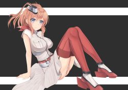 Rule 34 | 10s, 1girl, blue eyes, breasts, brown hair, dress, hair ornament, highres, impossible clothes, kantai collection, knees up, large breasts, leaning back, legs, red thighhighs, rure, saratoga (kancolle), short sleeves, sitting, solo, thighhighs