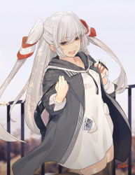 Rule 34 | 1girl, amatsukaze (kancolle), black thighhighs, brown eyes, coat, cowboy shot, drawstring, dress, fuwafuwatoufu, grey coat, grey hair, hair tubes, highres, hood, hooded dress, hoodie, kantai collection, long hair, official alternate costume, railing, solo, thighhighs, ticket, two side up, white dress