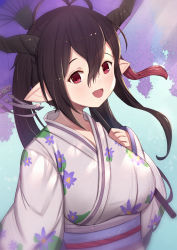 Rule 34 | 1girl, :d, black hair, blush, breasts, commentary request, danua, draph, fang, floral print, flower, granblue fantasy, hair between eyes, hand up, hatchet, highres, holding, holding umbrella, japanese clothes, kimono, long hair, long sleeves, looking at viewer, medium breasts, nata (tool), obi, open mouth, pointy ears, print kimono, purple flower, purple umbrella, red eyes, sash, sidelocks, sleeves past wrists, smile, solo, twintails, umbrella, uneg, upper body, very long hair, white kimono, wide sleeves