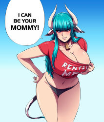Rule 34 | 1girl, animal ears, beatrix (doctor zexxck), bell, bikini, black panties, blue hair, blush, breasts, cleavage, collar, cow ears, cow girl, cow horns, cow tail, cowbell, crop top, curvy, doctor zexxck, english text, female focus, green eyes, hand on own hip, horns, huge breasts, leaning forward, long hair, looking at viewer, navel, neck bell, original, panties, rental mom, shiny clothes, shiny skin, simple background, smile, solo, speech bubble, swimsuit, tail, text focus, thick thighs, thighs, underwear