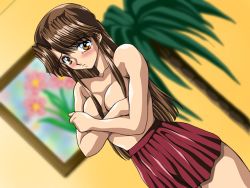 Rule 34 | 1girl, asuka katakiri, blush, breasts, brown hair, covering privates, game cg, indoors, photo (object), skirt, solo, x-change