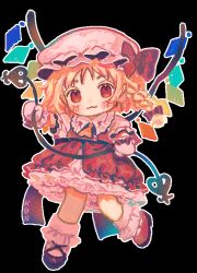Rule 34 | 1girl, :3, ankle socks, arm up, ascot, asymmetrical footwear, black background, blonde hair, blush stickers, bobby socks, bow, braid, chibi, closed mouth, colored eyelashes, commentary, cross-laced footwear, crystal, dot nose, english commentary, eyebrows hidden by hair, flandre scarlet, foreshortening, frilled gloves, frilled shirt collar, frilled sleeves, frilled socks, frills, full body, glove bow, gloves, hand up, hat, hat bow, holding, holding wand, k0nfette, laevatein (touhou), looking at viewer, mismatched footwear, mob cap, outline, petticoat, pointy ears, puffy short sleeves, puffy sleeves, rainbow order, red bow, red eyes, red footwear, red skirt, red vest, shoes, short hair, short sleeves, side braid, signature, simple background, single braid, skirt, skirt set, smile, socks, solo, thick eyelashes, touhou, vest, wand, white gloves, white hat, white outline, white socks, wing collar, wings, yellow ascot