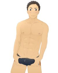 Rule 34 | 10s, 1boy, abs, black hair, bulge, crotch, haikyuu!!, highres, looking at viewer, male focus, muscular, naughty face, pectorals, pubic hair, sawamura daichi, topless male, solo, undressing