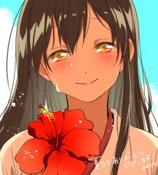 Rule 34 | 10s, 1girl, akagi (kancolle), blush, brown eyes, brown hair, closed mouth, cloud, day, deco (geigeki honey), eyebrows, flower, head tilt, hibiscus, japanese clothes, kantai collection, long hair, looking at viewer, matching hair/eyes, pink lips, portrait, red flower, sketch, sky, smile, solo, straight hair, text focus, translation request, water drop, wet, wet hair, yellow eyes