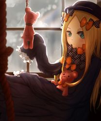 Rule 34 | 1girl, abigail williams (fate), black bow, black dress, black hat, blonde hair, blue eyes, blurry, blurry foreground, blush, bow, closed mouth, commentary request, depth of field, dress, fate/grand order, fate (series), forehead, hair bow, hanged, hat, long hair, long sleeves, looking at viewer, lucy (rusi-juren328), noose, orange bow, parted bangs, polka dot, polka dot bow, rope, sitting, sleeves past wrists, solo, stuffed animal, stuffed toy, teddy bear, very long hair, window