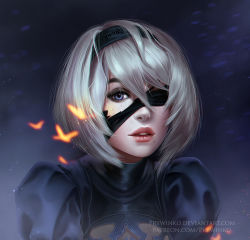 Rule 34 | 1girl, blue eyes, breasts, cleavage, embers, eyelashes, freckles, hair between eyes, hairband, looking at viewer, medium breasts, mole, mole under mouth, nier (series), nier:automata, one eye covered, parted lips, portrait, prywinko, puffy short sleeves, puffy sleeves, short hair, short sleeves, solo, thighhighs, torn blindfold, white hair, 2b (nier:automata)