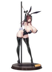 Rule 34 | 1girl, absurdres, animal ears, armpits, arms up, black gloves, black thighhighs, breasts, brown hair, covered erect nipples, covered navel, elbow gloves, fake animal ears, full body, furrowed brow, gloves, high heels, highres, huge breasts, leotard, lipstick, long hair, makeup, original, parted lips, playboy bunny, rabbit ears, rabbit tail, rekaerb maerd, restrained, skindentation, solo, standing, tail, thighhighs, transparent background, veins, veiny breasts, yellow eyes