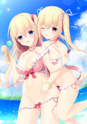 Rule 34 | 2girls, :p, absurdres, areola slip, bikini, blonde hair, blue eyes, blue sky, bow, bow bikini, bracelet, breasts, choker, cleavage, cloud, collarbone, commentary request, covered erect nipples, curved horizon, day, food, frilled bikini, frills, hair between eyes, hair ornament, hair ribbon, hair scrunchie, hairclip, highres, holding, holding food, huge filesize, ice cream, ice cream cone, jewelry, long hair, looking at viewer, medium breasts, multiple girls, navel, one eye closed, open mouth, original, outdoors, red bikini, red eyes, ribbon, scrunchie, side-tie bikini bottom, sky, small breasts, standing, standing on one leg, swimsuit, thighs, tongue, tongue out, twintails, untied bikini, yukimura usagi
