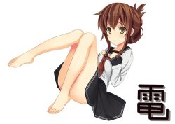 Rule 34 | 10s, 1girl, bad id, bad pixiv id, barefoot, brown eyes, brown hair, character name, feet, folded ponytail, full body, hands on own chest, highres, inazuma (kancolle), kantai collection, legs, long hair, looking at viewer, nahoyoshi, school uniform, serafuku, sidelocks, simple background, skirt, solo, white background