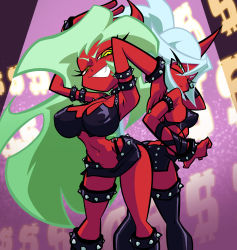 Rule 34 | 2girls, absurdres, arms behind head, back-to-back, belt, breasts, cleavage, colored skin, demon girl, demon horns, demon tail, from below, glasses, green hair, grin, highres, horns, inker comics, kneehighs, kneesocks (psg), large breasts, long hair, looking at viewer, looking back, miniskirt, multiple girls, navel, panty &amp; stocking with garterbelt, ponytail, rectangular eyewear, red skin, scanty (psg), siblings, sisters, skirt, smile, smug, socks, spotlight, studded armlet, studded belt, studded bracelet, studded choker, studded trim, tail, thigh bands, thighhighs, thighs, v-shaped eyebrows, very long hair, yellow eyes
