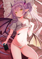 Rule 34 | 1girl, absurdres, blush, breasts, clothes lift, demon girl, demon horns, demon tail, demon wings, double-parted bangs, dragon wings, embarrassed, grey hair, groin, hair between eyes, handheld game console, highres, holding, holding handheld game console, horns, izuno (izunoyoshiki), lifted by self, light purple hair, long hair, looking at viewer, lying, navel, nintendo switch, no bra, no pants, on back, on bed, original, panties, pillow, pointy ears, shirt, shirt lift, short sleeves, sidelocks, small breasts, solo, stomach, tail, twintails, underboob, underwear, very long hair, white panties, white shirt, wings, yellow eyes