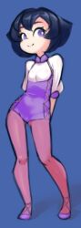 Rule 34 | 1girl, arms behind back, black hair, blue background, drantyno, flat chest, highres, leotard, looking to the side, megu (ryuhi), pantyhose, purple eyes, purple footwear, purple leotard, purple pantyhose, shirt, shoes, short hair, short sleeves, smile, standing, white shirt