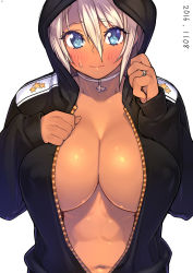 Rule 34 | 10s, 1girl, 2016, 23 (real xxiii), abs, blonde hair, blue eyes, blush, breast suppress, breasts, center opening, choker, cleavage, clenched hand, covered erect nipples, cross, dark-skinned female, dark skin, dated, highres, hood, hoodie, jewelry, large breasts, muscular, naked hoodie, navel, no bra, original, ring, sela (23), short hair, simple background, solo, star (symbol), sweat, toned, unzipped, wedding band, white background