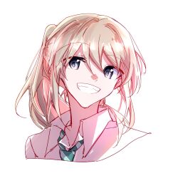 Rule 34 | 1girl, blonde hair, collared shirt, commentary, girls band cry, green necktie, grey eyes, grin, hibioes, highres, kawaragi momoka, long hair, necktie, open mouth, ponytail, school uniform, shirt, simple background, smile, solo, upper body, white background, white shirt