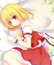 Rule 34 | 1girl, :o, absurdres, ascot, bed sheet, blonde hair, blush, crystal, demon wings, flandre scarlet, frilled skirt, frilled sleeves, frills, from above, highres, kaji (galaxygandamu), looking at viewer, lying, on side, parted lips, puffy short sleeves, puffy sleeves, red eyes, red skirt, red vest, shirt, short sleeves, skirt, solo, sparkle, tareme, touhou, vest, white shirt, wings, wrist cuffs, yellow ascot