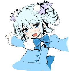 Rule 34 | 10s, 1girl, 212 (kisaragi), bad id, bad pixiv id, blue eyes, blue hair, blush, coat, dress, fantasista doll, hair ornament, katia (fantasista doll), matching hair/eyes, open mouth, outstretched arms, simple background, smile, solo, white background