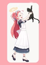 Rule 34 | 1girl, absurdres, ahoge, animal, apron, artpatient, black footwear, blue archive, blush, cat, commentary, full body, halo, highres, holding, holding animal, long hair, maid, maid apron, maid headdress, official alternate costume, open mouth, ponytail, profile, red background, red hair, shoes, short sleeves, solo, standing, tears, two-tone background, white background, yuzu (blue archive), yuzu (maid) (blue archive)