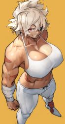 Rule 34 | 1girl, absurdres, breasts, cleavage, debonair diamond, eyepatch, from above, halterneck, highres, large breasts, midriff, muscular, muscular female, navel, pants, platinum blonde hair, red hood (kawaguchi), short hair, simple background, solo, sports bra, white footwear, white pants, yellow background, yoshio (55level)