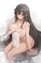 Rule 34 | 1girl, absurdres, arm support, black hair, blush, breasts, chukibabo2, closed mouth, commission, covering breasts, covering privates, crossed bangs, hair between eyes, highres, korean commentary, large breasts, long hair, looking at viewer, mixed-language commentary, naked towel, nude, nude cover, onsen, original, raised eyebrows, red eyes, rock, see-through, sideboob, sidelocks, sitting, soaking feet, thighs, towel, very long hair, water, wet, white background, white towel