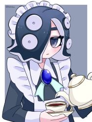 Rule 34 | 1boy, apron, black eyes, black hair, border, closed mouth, commentary request, crossdressing, cup, eyelashes, gradient background, grey background, hair over one eye, highres, holding, holding plate, maid, maid apron, maid headdress, male focus, medium hair, nintendo, octoling, octoling boy, octoling player character, outside border, plate, simple background, solo, splatoon (series), tea, teacup, teapot, tentacle hair, tonbofree, upper body, white border