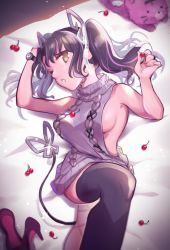 Rule 34 | 1girl, aran sweater, backless dress, backless outfit, black hair, black ribbon, black thighhighs, breasts, cable knit, cherry, demon girl, demon horns, demon tail, dress, feet out of frame, food, fruit, grey sweater, halterneck, high heels, highres, horns, kojo anna, kojo anna (3rd costume), kuzuhana, leg ribbon, long hair, looking at viewer, medium breasts, meme attire, multicolored hair, nanashi inc., official alternate costume, open mouth, pointy ears, purple hair, ribbed sweater, ribbon, shoes, unworn shoes, sideboob, single thighhigh, solo, stuffed animal, stuffed tiger, stuffed toy, sugar lyric, sweater, sweater dress, tail, thighhighs, turtleneck, turtleneck sweater, twintails, two-tone hair, virgin killer sweater, virtual youtuber, watch, wristwatch, yellow eyes