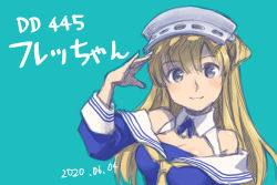 1girl aqua_background blonde_hair blue_eyes blue_shirt breasts cleavage commentary_request dated detached_collar double_bun fletcher_(kancolle) gloves hair_bun hairband kantai_collection large_breasts long_hair looking_at_viewer nantoka_fumihiko neckerchief off_shoulder sailor_collar salute school_uniform serafuku shirt solo translation_request upper_body white_gloves white_sailor_collar yellow_neckerchief