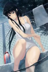 Rule 34 | 1girl, absurdres, bare shoulders, black hair, blue eyes, bottle, breasts, chain-link fence, cleavage, collarbone, day, dutch angle, fence, from below, highres, innocent grey, kara no shoujo 2, kayahara yukiko, large breasts, lips, long hair, one-piece swimsuit, outdoors, parted lips, ponytail, pool, poolside, scan, school swimsuit, sitting, soaking feet, solo, sugina miki, swimsuit, towel, underwater, water, water bottle, wet, white school swimsuit, white one-piece swimsuit