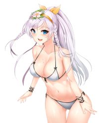 Rule 34 | 1girl, bikini, blue eyes, breasts, cleavage, collarbone, cowboy shot, eyebrows, flower, front-tie bikini top, front-tie top, grey bikini, groin, hair flower, hair ornament, hair ribbon, hairband, high ponytail, highres, large breasts, moing, navel, noa (soccer spirits), open mouth, original, ribbon, side-tie bikini bottom, silver hair, simple background, soccer spirits, solo, swimsuit, wet, white background, yellow hairband, yellow ribbon