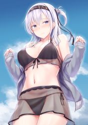 Rule 34 | 1girl, alternate costume, armpits, arms up, bikini, black bikini, black headband, black ribbon, blue eyes, blue sky, blush, breasts, cai geng, cleavage, closed mouth, clothes writing, cloud, cloudy sky, collarbone, cowboy shot, day, front-tie top, groin, hachimaki, hair between eyes, hair ribbon, half-closed eyes, hands up, headband, jacket, kantai collection, large breasts, long hair, looking at viewer, medium breasts, miniskirt, navel, ocean, one side up, open clothes, open jacket, outdoors, ribbon, see-through, side-tie bikini bottom, silver hair, skirt, sky, smile, solo, stomach, suzutsuki (kancolle), swimsuit, transparent, zipper