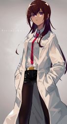 Rule 34 | 1girl, :|, belt, belt buckle, black pantyhose, black shorts, brown hair, buckle, closed mouth, commentary, dress shirt, expressionless, feet out of frame, from below, gradient background, grey background, hair between eyes, hands in pockets, highres, jacket, lab coat, pantyhose under shorts, long hair, looking at viewer, looking down, makise kurisu, nzeneee, pantyhose, purple eyes, red neckwear, shirt, shorts, sidelocks, solo, steins;gate, thigh gap, very long hair, white belt, white jacket, white shirt