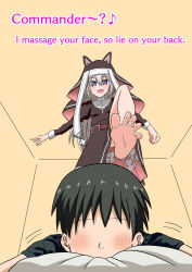 Rule 34 | 1boy, 1girl, barefoot, black hair, blush, character request, english text, faceless, faceless male, fang, feet, from below, girls&#039; frontline, leg up, long hair, lying, nush advance, on stomach, open mouth, purple eyes, short hair, silver hair, skin fang, soles, standing, standing on one leg, toes