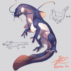 Rule 34 | animal focus, arm fins, catfish, chimera, commentary, creature, english commentary, fins, fish, from side, grey background, highres, looking at viewer, multiple views, no humans, original, signature, simple background, tail, twitter username, yamamura le, yellow eyes