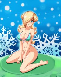 Rule 34 | 1girl, absurdres, alternate hairstyle, aqua eyes, barefoot, between legs, bikini, blonde hair, blue eyes, blush, bottomless, breasts, cleavage, cleft of venus, feet, frilled bikini, frills, front-tie bikini top, front-tie top, hair over one eye, hand between legs, highres, large breasts, long hair, looking at viewer, mario (series), navel, nintendo, open mouth, pussy, rosalina, sigurd hosenfeld, sitting, smile, soles, solo, star (symbol), super mario bros. 1, super mario galaxy, swimsuit, third-party edit, toes, uncensored, v arms, wariza