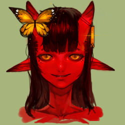 Rule 34 | 1girl, black hair, black sclera, catsila, colored sclera, colored skin, demon girl, earrings, green background, grin, horns, jewelry, monarch butterfly, oni, orange eyes, pointy ears, red skin, slit pupils, smile, solo, tattoo, tongue