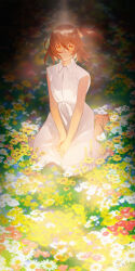 Rule 34 | 1girl, alternate costume, artist name, bare arms, barefoot, blurry, blurry background, closed mouth, collared dress, command spell, commentary, dated, dress, fate/grand order, fate (series), field, flower, flower field, fujimaru ritsuka (female), full body, hair between eyes, highres, light particles, looking at viewer, medium hair, orange eyes, orange hair, red flower, scrunchie, short sleeves, side ponytail, sitting, smile, solo, totechito tec, v arms, white dress, white flower, yellow flower, yellow scrunchie