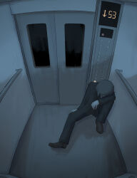 Rule 34 | 1boy, absurdres, arm on knee, avogado6, black necktie, black pants, black suit, commentary, dark, dress shoes, elbow rest, elevator, exhausted, facing down, fisheye, formal, from above, grey hair, head down, highres, knee up, long sleeves, male focus, necktie, on floor, original, pants, railing, shirt, short hair, solo, suit, vignetting, white shirt, wide shot