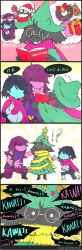 Rule 34 | 1boy, 1girl, 1other, 4koma, androgynous, blue skin, bow, christmas ornaments, colored skin, comic, deltarune, english text, glasses, green hat, hair over eyes, hat, highres, ko-on (ningen zoo), kris (deltarune), long sleeves, ralsei, scarf, shirt, speech bubble, standing, star (symbol), susie (deltarune), tinsel